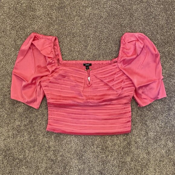 Express Women's Satin V-Bar Puff Sleeve Ruched Pleated Top Pink Size XS NWT $58 - Picture 5 of 16